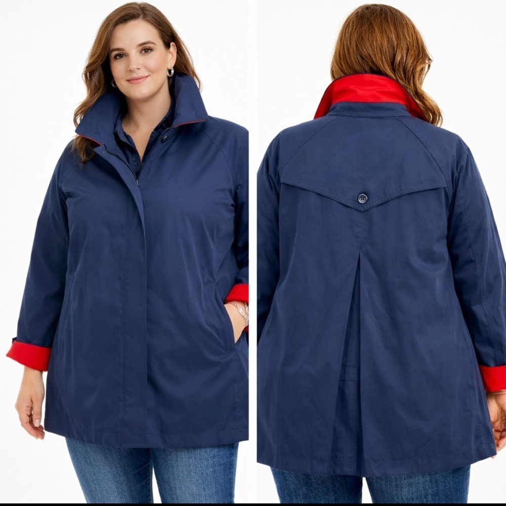Lands End Women's Rain Trench Button-In Liner 1X Blue, Red Pockets Retail $168